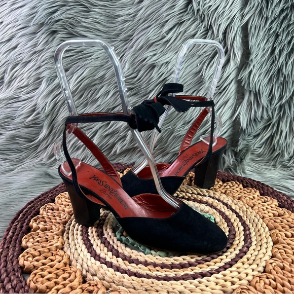 VTG 90s Yves Saint Laurent Sz 7.5 Black Suede Lace Around Block Heel Shoes Italy - Picture 1 of 14